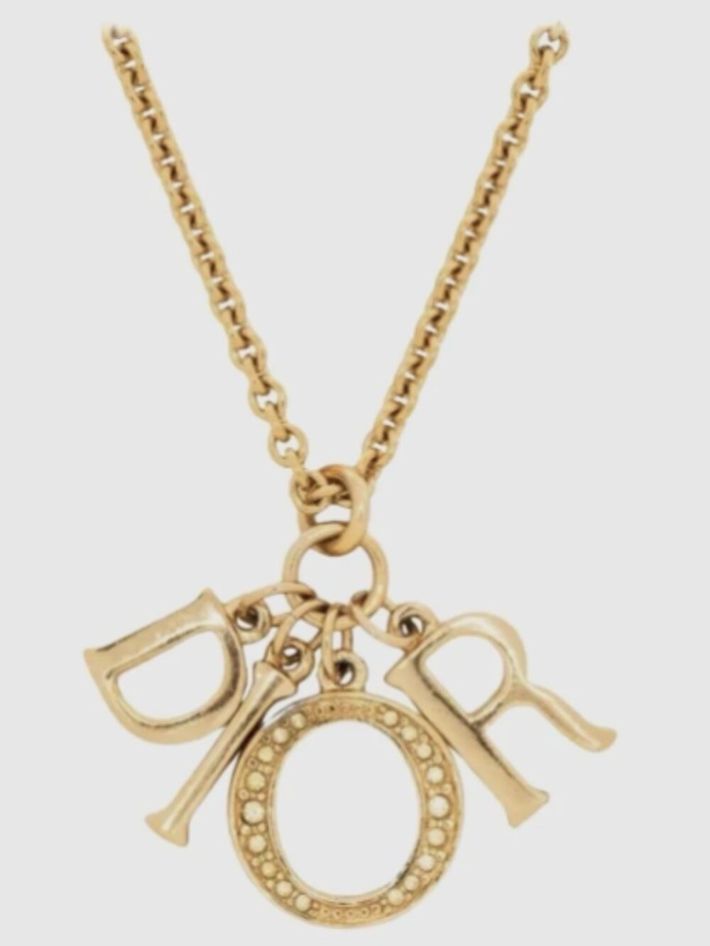 Authentic CHRISTIAN DIOR Long Gold Tone Logo Letter Necklace With Rhinestones